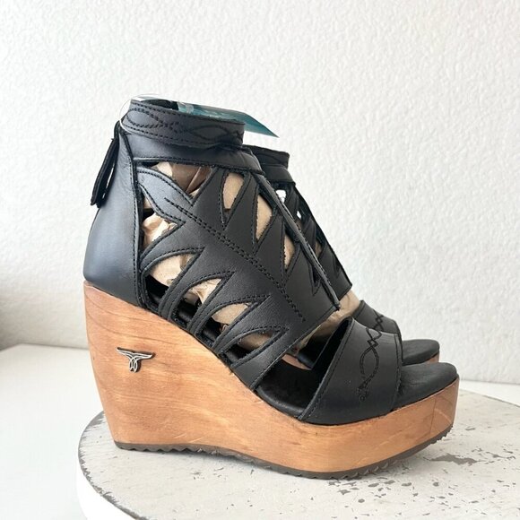 Lane Boots BECCA Womens Black Wedges 5.5 Western Sandals Cowgirl Leather Heels - Picture 2 of 11